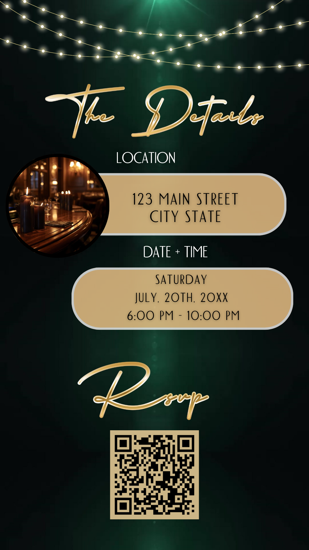 Editable dark green gold string lights 50th birthday video invitation displayed on a mobile phone, featuring an animated vertical digital invite with music, created in Canva. This premium video invitation template is designed for sharing by text, email, and social media and works with an interactive RSVP website for easy guest response tracking.