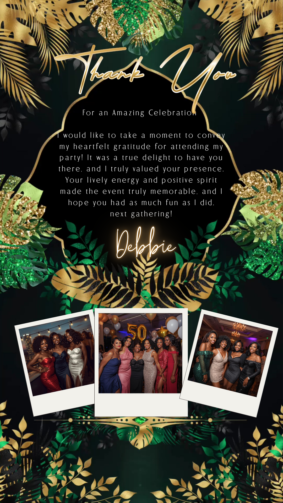 Editable tropical green gold 50th birthday video invitation displayed on a mobile phone, featuring an animated vertical digital invite with music, created in Canva. This premium video invitation template is designed for sharing by text, email, and social media and works with an interactive RSVP website for easy guest response tracking.