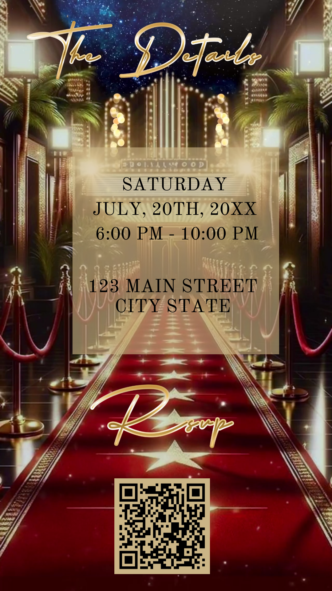 Editable hollywood red carpet 50th birthday video invitation displayed on a mobile phone, featuring an animated vertical digital invite with music, created in Canva. This premium video invitation template is designed for sharing by text, email, and social media and works with an interactive RSVP website for easy guest response tracking.