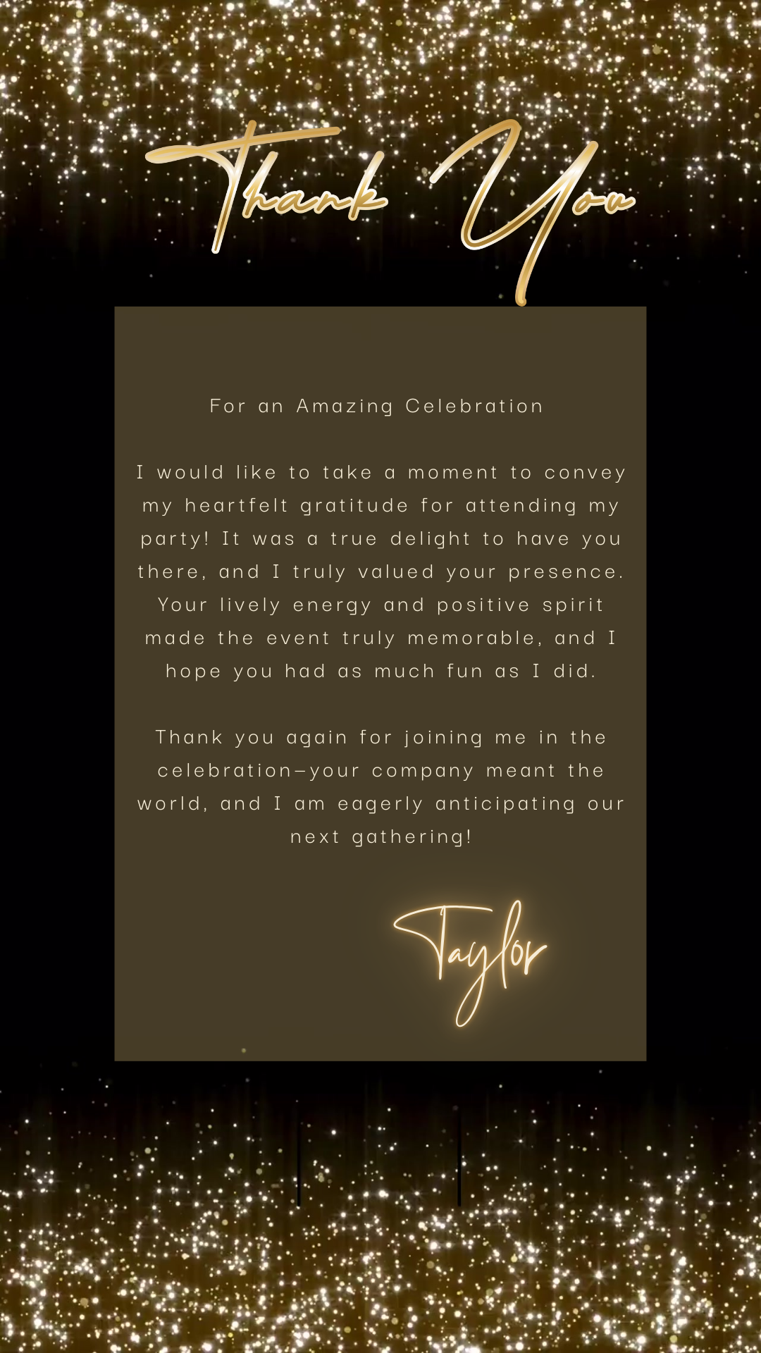 Editable black gold string lights 50th birthday video invitation displayed on a mobile phone, featuring an animated vertical digital invite with music, created in Canva. This premium video invitation template is designed for sharing by text, email, and social media and works with an interactive RSVP website for easy guest response tracking.