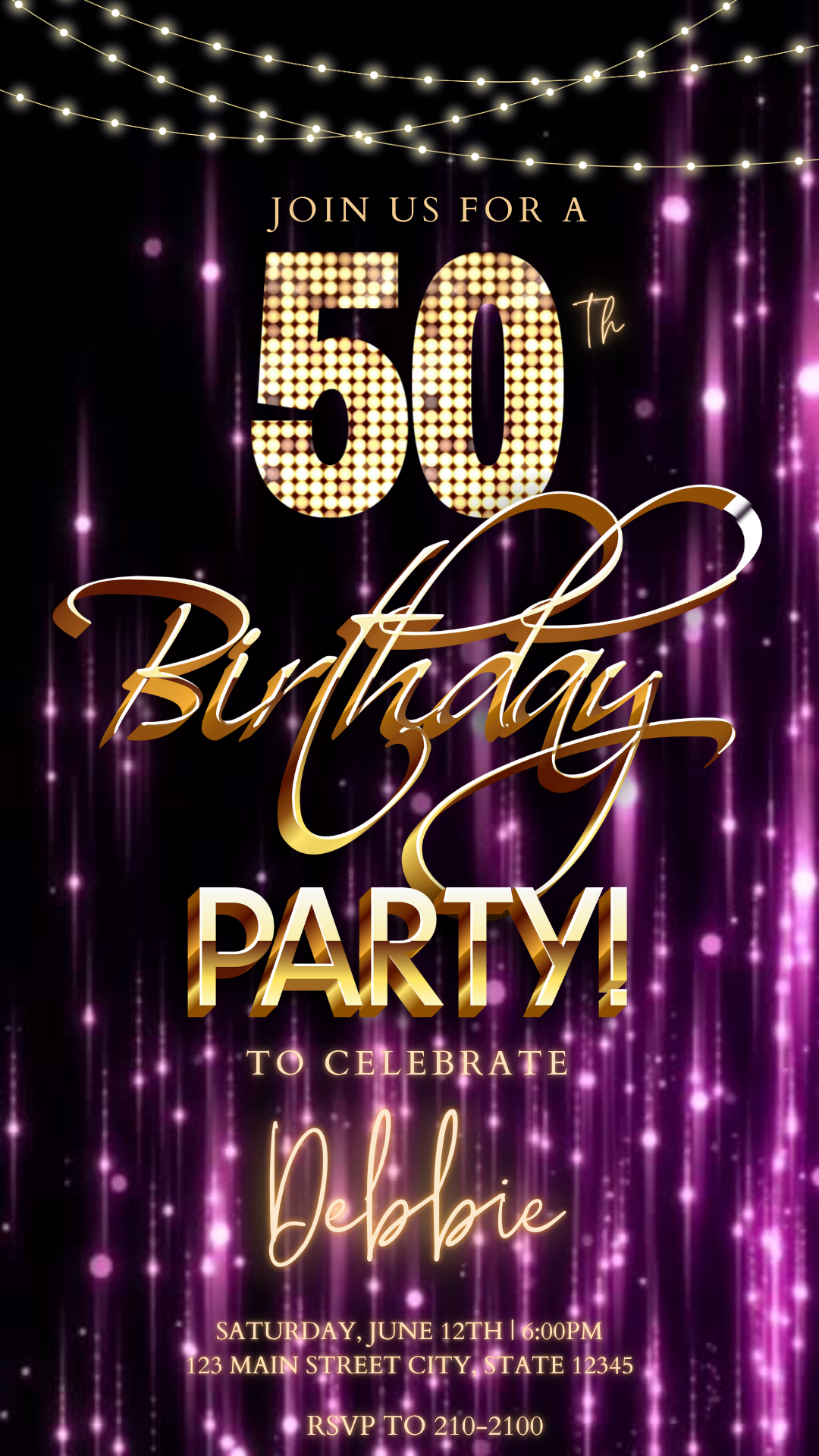 Editable purple gold glam 50th birthday party video invitation displayed on a mobile phone, featuring an animated vertical digital invite with music, created in Canva. This premium video invitation template is designed for sharing by text, email, and social media and works with an interactive RSVP website for easy guest response tracking.
