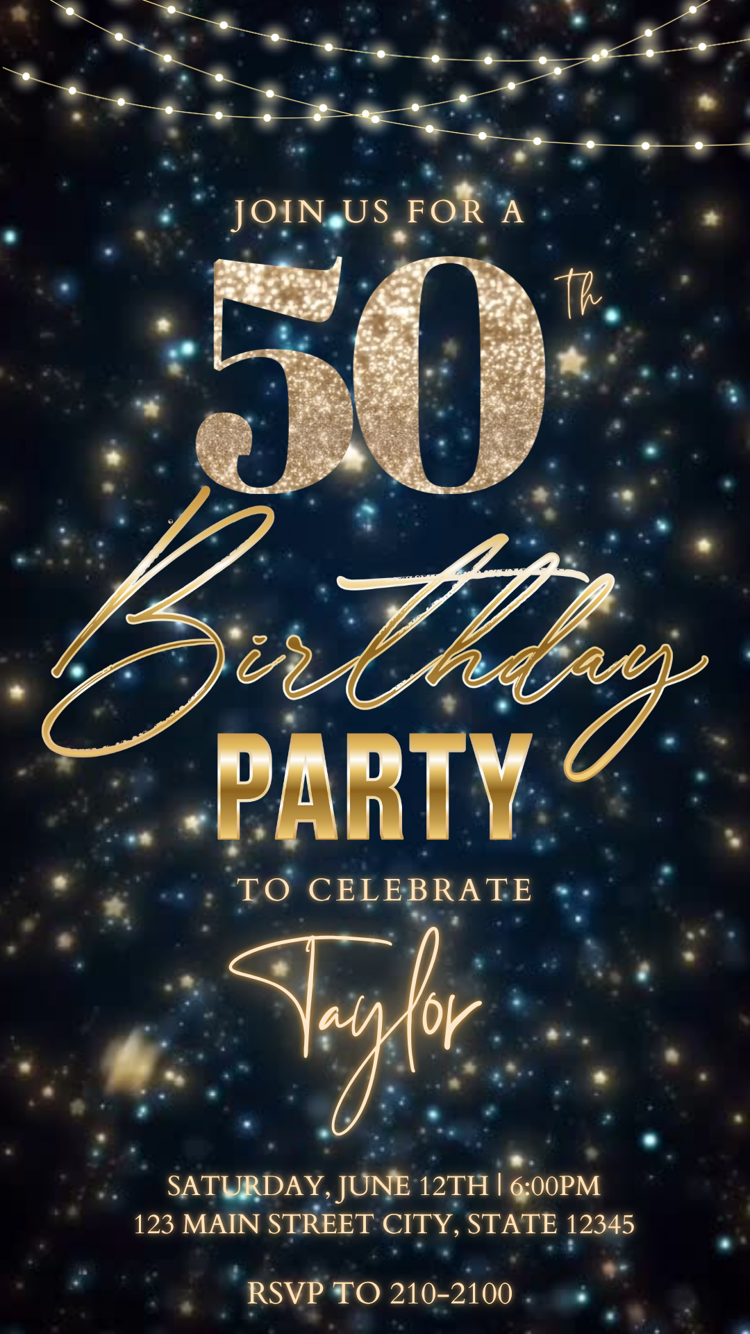 Editable starry gold 50th birthday video invitation displayed on a mobile phone, featuring an animated vertical digital invite with music, created in Canva. This premium video invitation template is designed for sharing by text, email, and social media and works with an interactive RSVP website for easy guest response tracking.