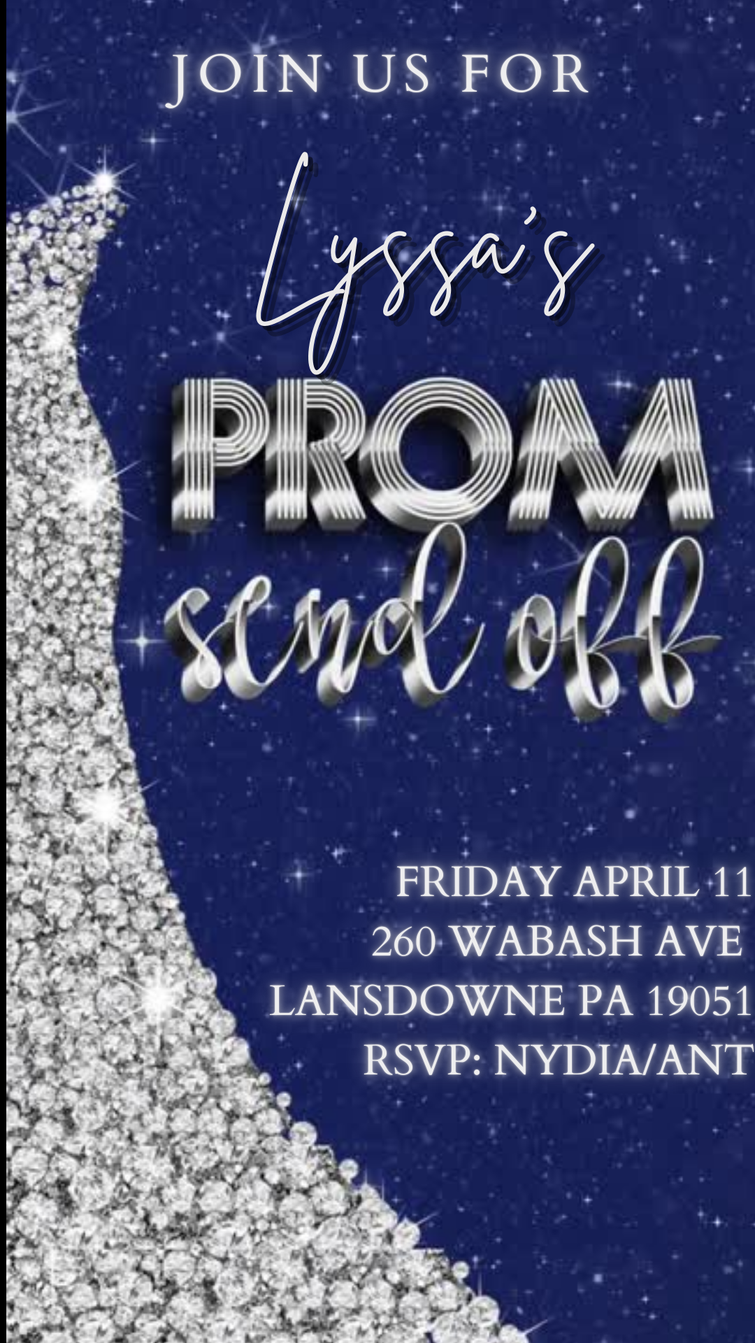 Editable navy blue silver prom send off video invitation displayed on a mobile phone, featuring an animated vertical digital invite with music, created in Canva. This premium video invitation template is designed for sharing by text, email, and social media and works with an interactive RSVP website for easy guest response tracking.