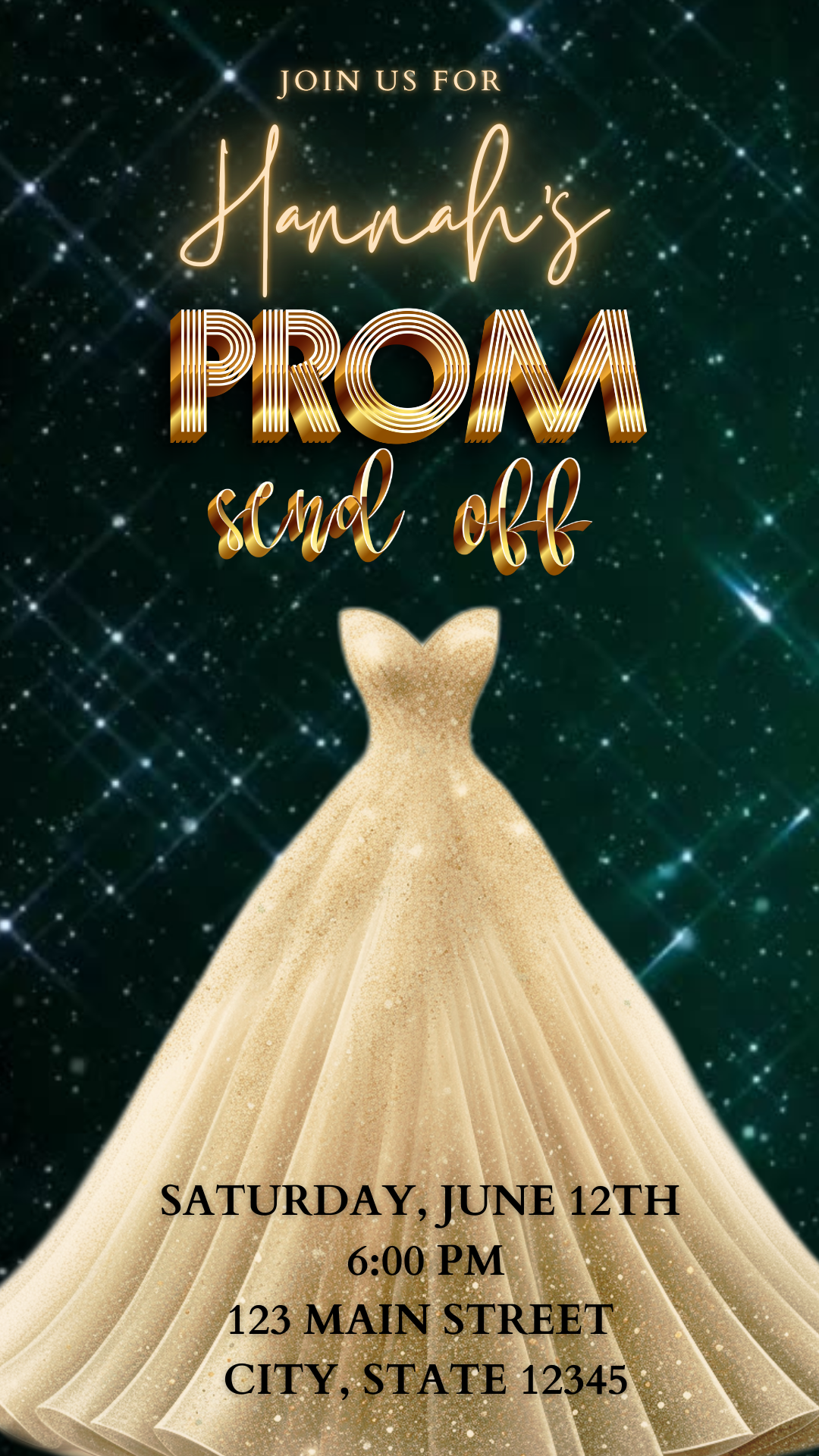 Editable emerald green gold prom send off video invitation displayed on a mobile phone, featuring an animated vertical digital invite with music, created in Canva. This premium video invitation template is designed for sharing by text, email, and social media and works with an interactive RSVP website for easy guest response tracking.