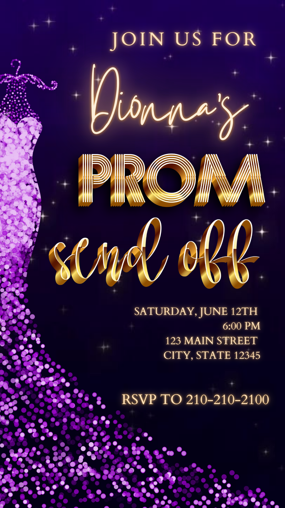 Editable purple gold glam prom send off video invitation displayed on a mobile phone, featuring an animated vertical digital invite with music, created in Canva. This premium video invitation template is designed for sharing by text, email, and social media and works with an interactive RSVP website for easy guest response tracking.