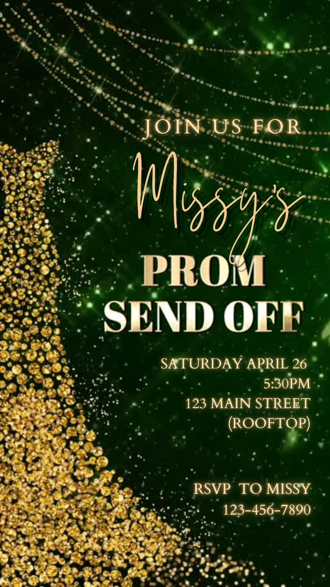 Editable green gold sparkle prom send off video invitation displayed on a mobile phone, featuring an animated vertical digital invite with music, created in Canva. This premium video invitation template is designed for sharing by text, email, and social media and works with an interactive RSVP website for easy guest response tracking.