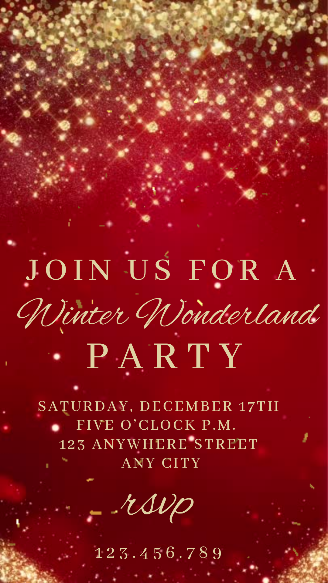 Online editable red gold glitter video party invite