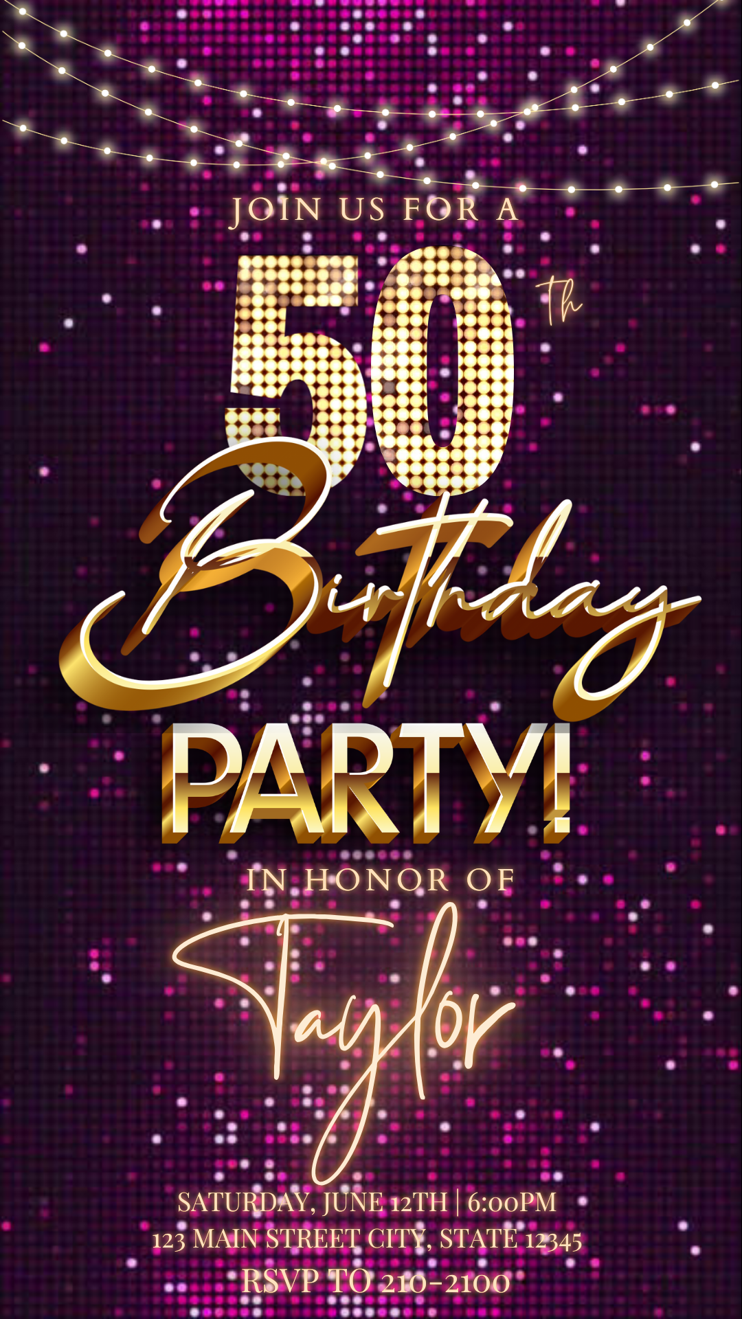 Editable pink gold sequin 50th birthday video invitation displayed on a mobile phone, featuring an animated vertical digital invite with music, created in Canva. This premium video invitation template is designed for sharing by text, email, and social media and works with an interactive RSVP website for easy guest response tracking.