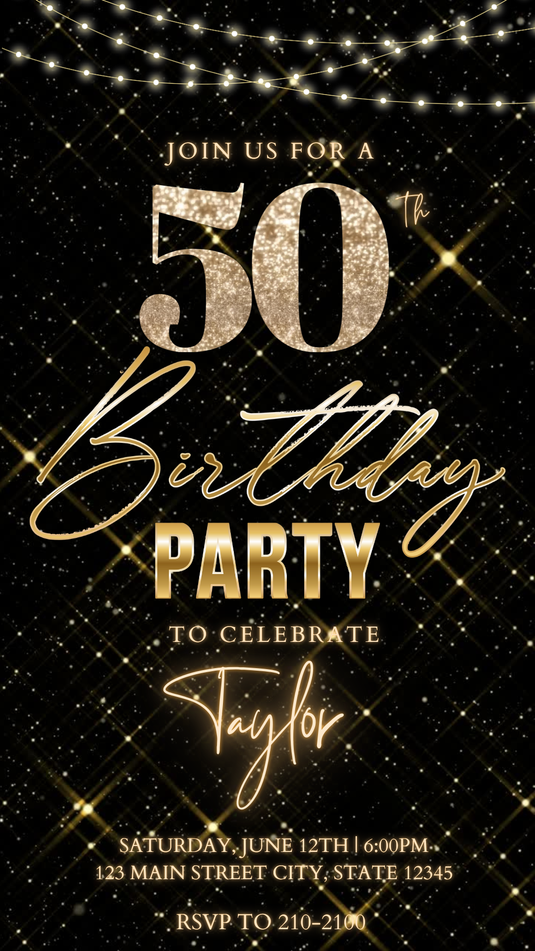 Editable black gold sparkle 50th birthday video invitation displayed on a mobile phone, featuring an animated vertical digital invite with music, created in Canva. This premium video invitation template is designed for sharing by text, email, and social media and works with an interactive RSVP website for easy guest response tracking.