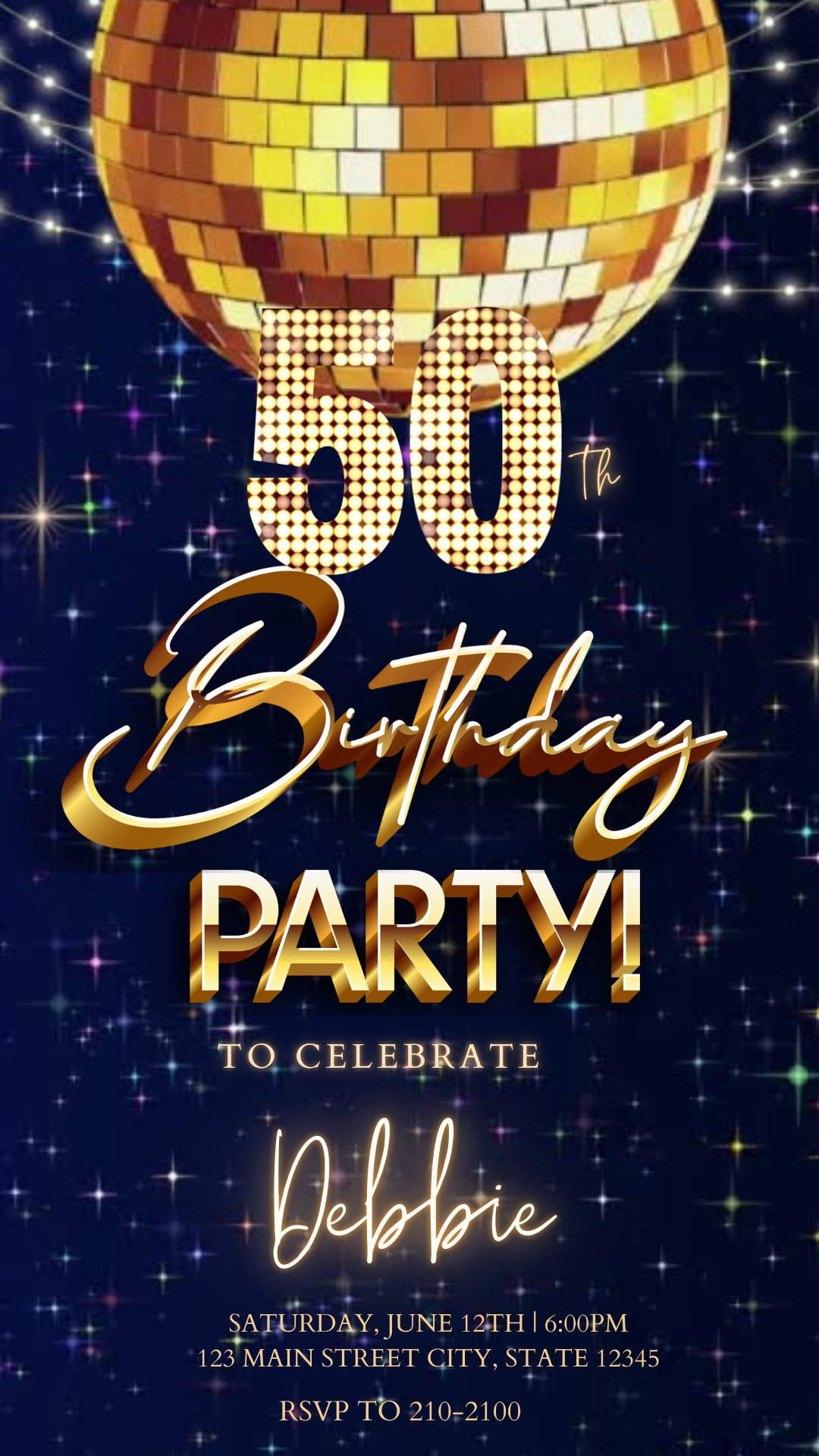 Editable gold bokeh luxury 50th birthday video invitation displayed on a mobile phone, featuring an animated vertical digital invite with music, created in Canva. This premium video invitation template is designed for sharing by text, email, and social media and works with an interactive RSVP website for easy guest response tracking.