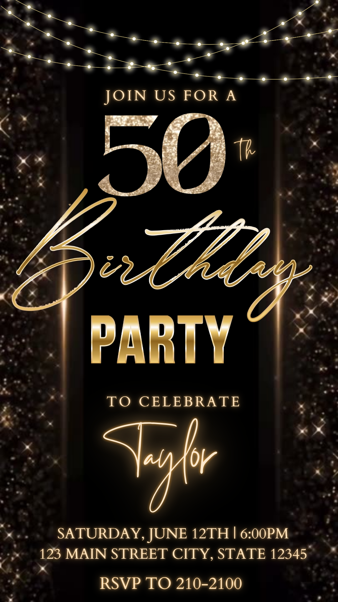 Editable blue gold modern 50th birthday video invitation displayed on a mobile phone, featuring an animated vertical digital invite with music, created in Canva. This premium video invitation template is designed for sharing by text, email, and social media and works with an interactive RSVP website for easy guest response tracking.
