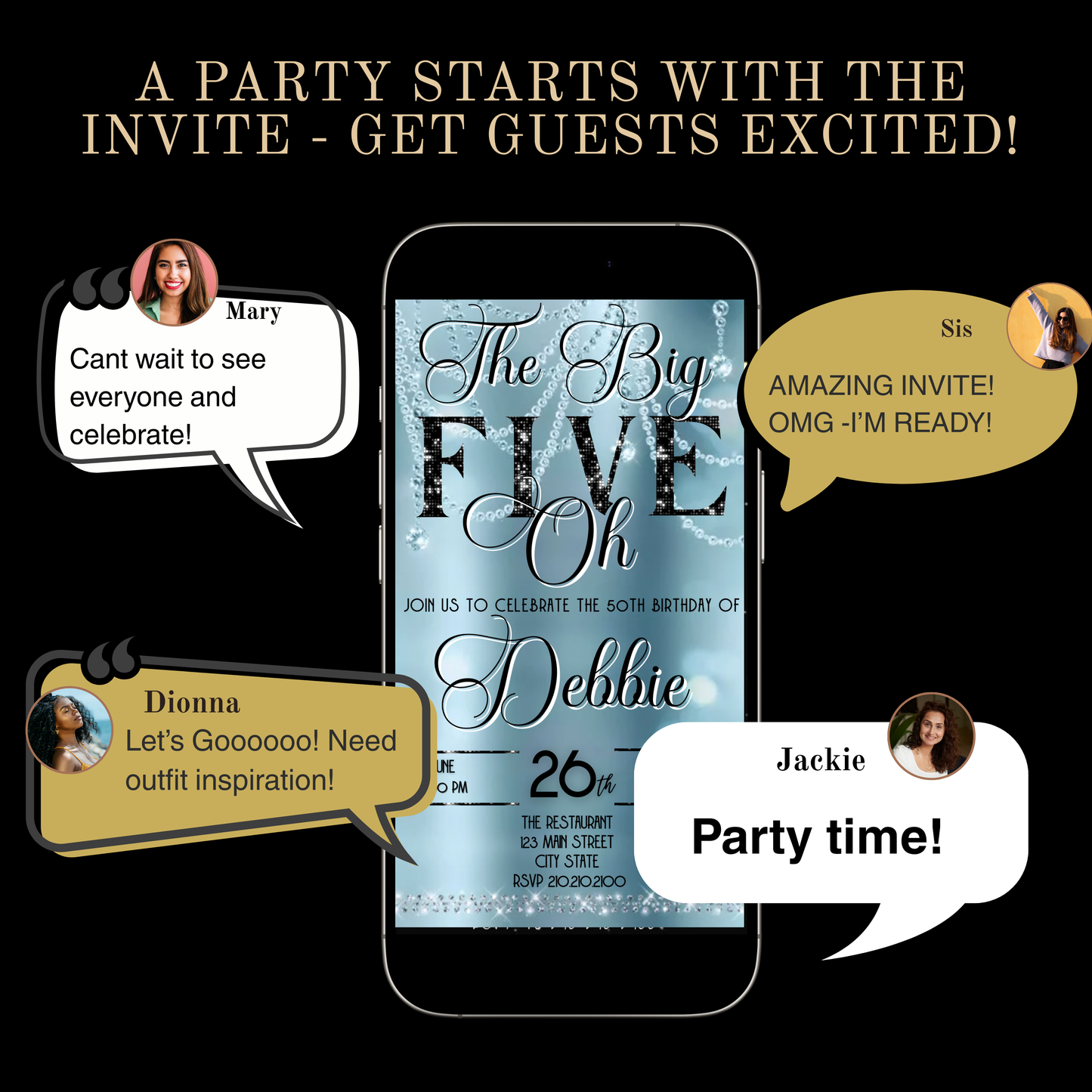 50th Birthday glitter video invite | Editable Glam Fifty and Fabulous Canva Template