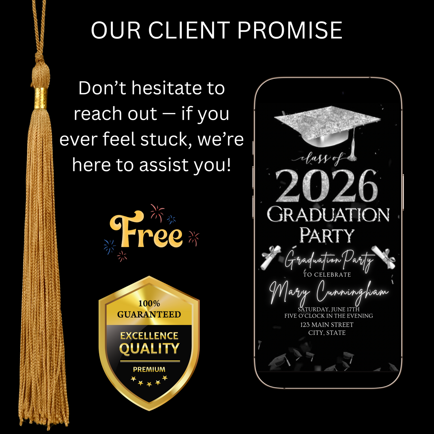 Silver Graduation Party Video Invitation | Class of 2026 Photo Invite | Editable Online RSVP Evite Canva Template