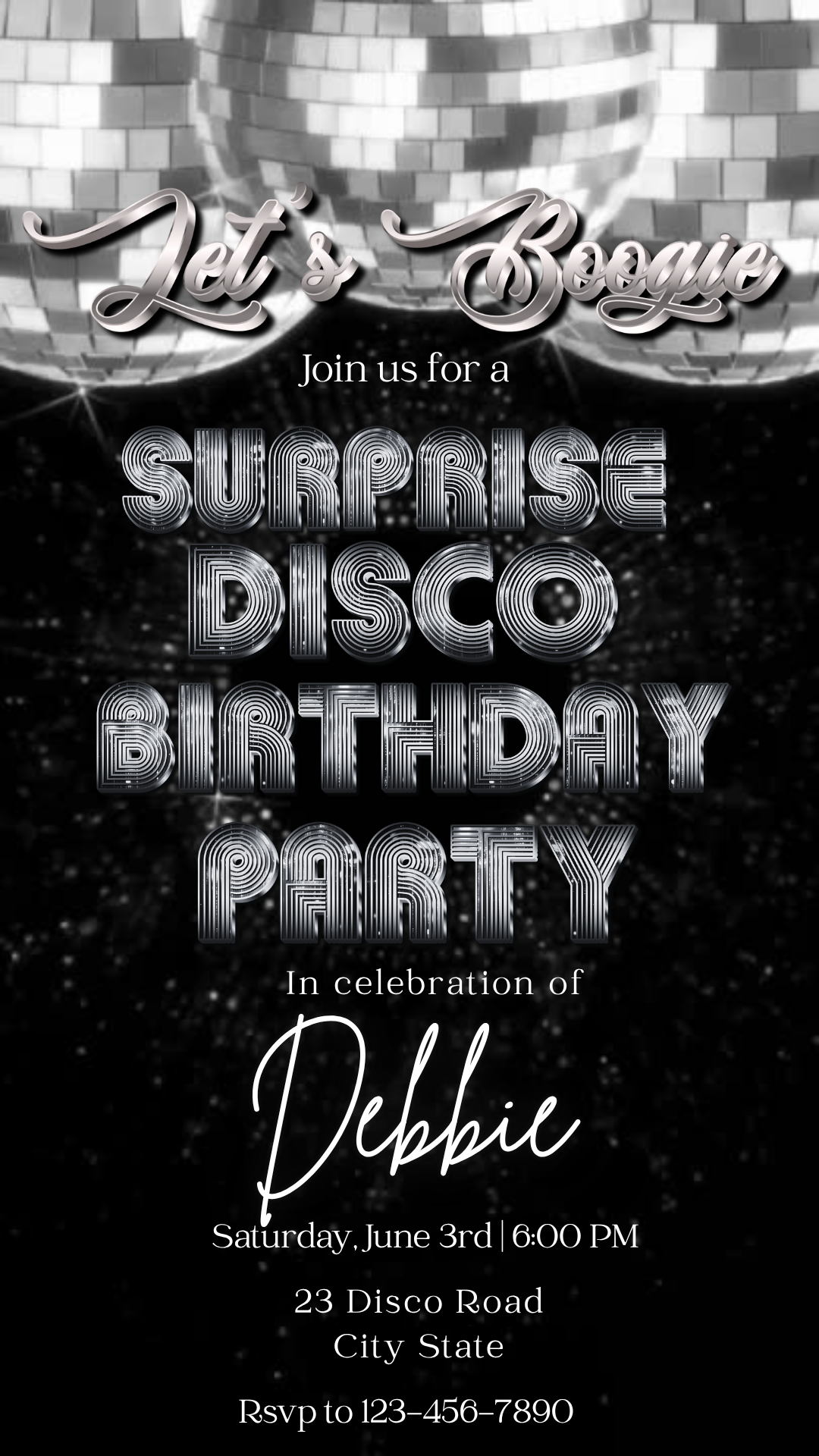 Retro Silver Disco Video Invitation Canva Editable