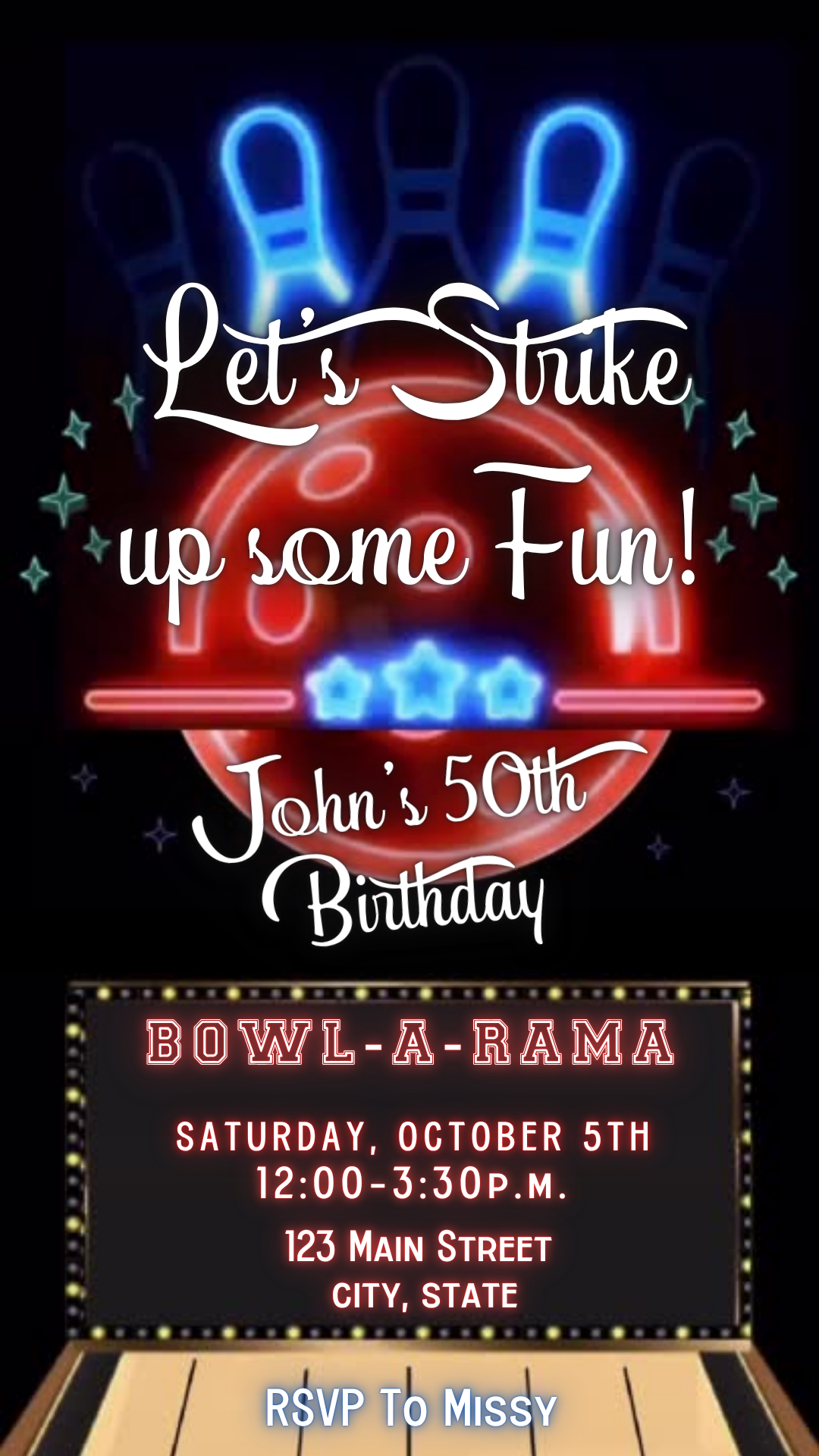 Retro Neon Bowling Video Invitation Instant Download