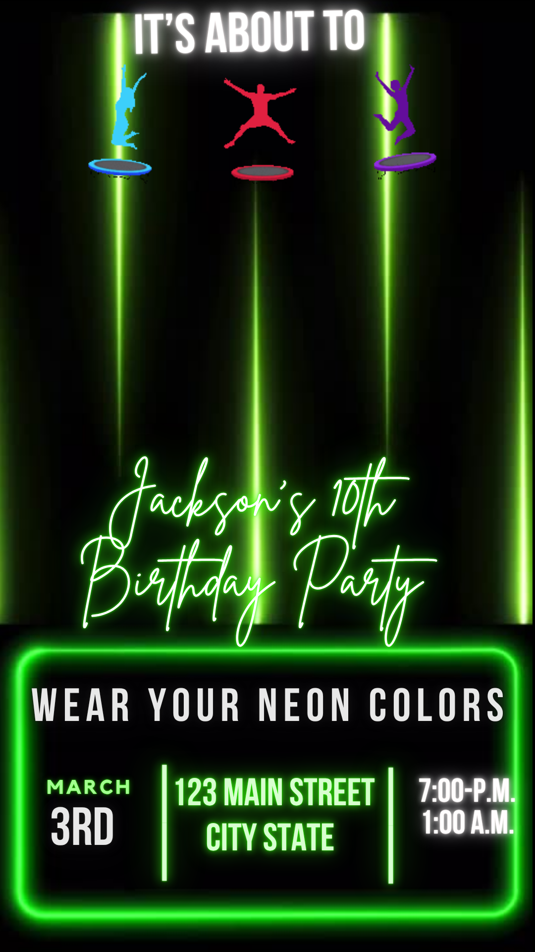 Neon Glow Jump Video Invitation Canva Editable