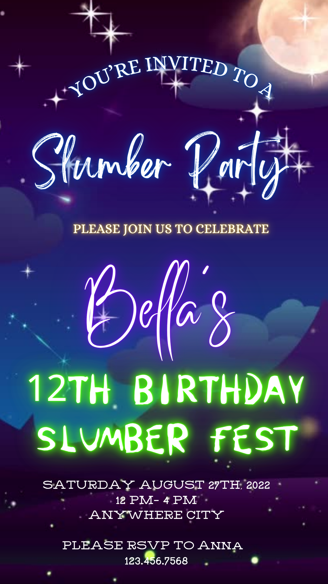 Neon Slumber Night Video Invitation Instant Download