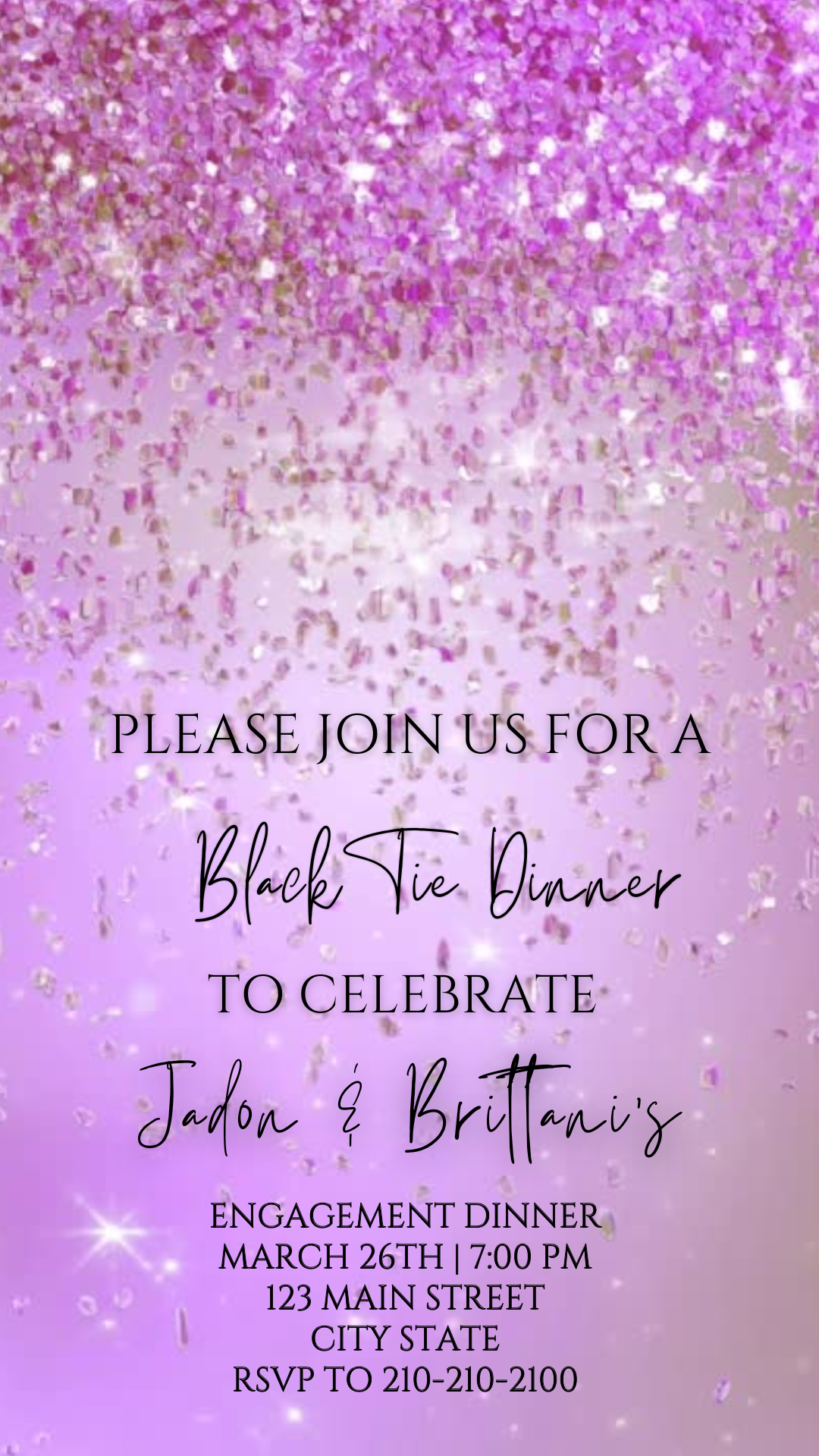 Editable purple watercolor glitter black tie engagement dinner video invitation displayed on a mobile phone, featuring an animated vertical digital invite with music, created in Canva. This premium video invitation template is designed for sharing by text, email, and social media and works with an interactive RSVP website for easy guest response tracking.