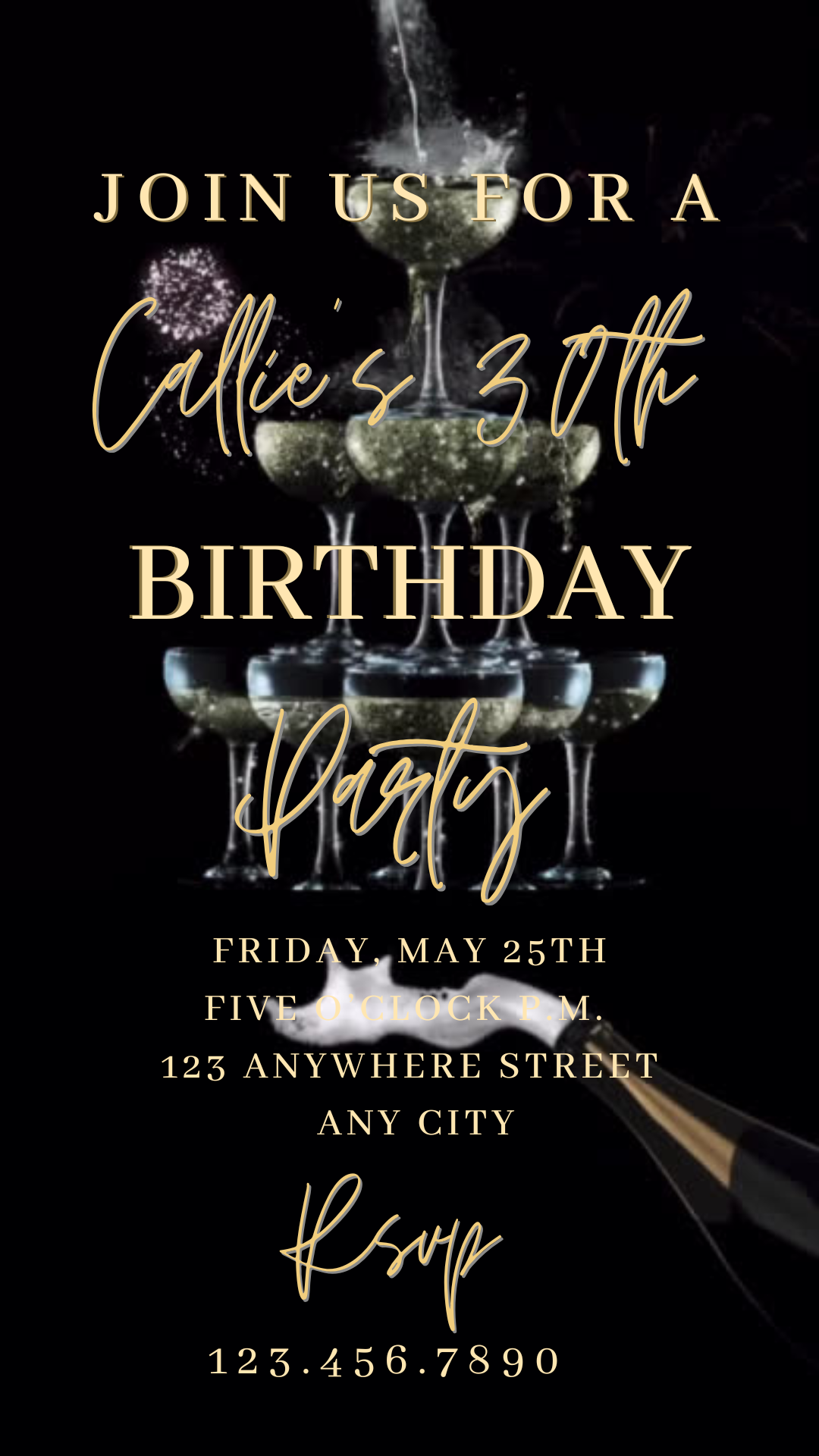 Editable black gold champagne tower 30th birthday party video invitation displayed on a mobile phone, featuring an animated vertical digital invite with music, created in Canva. This premium video invitation template is designed for sharing by text, email, and social media and works with an interactive RSVP website for easy guest response tracking.