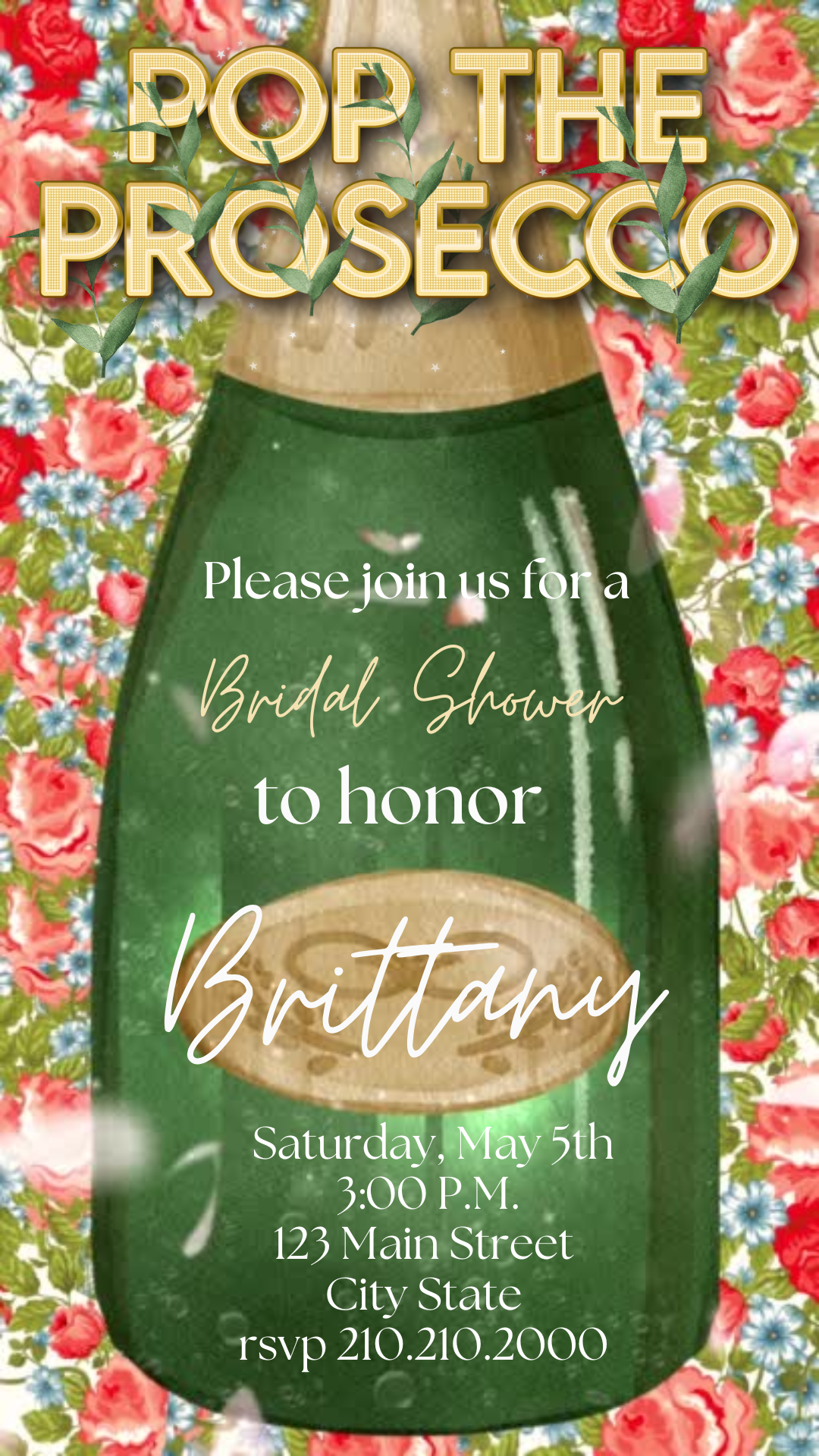 Editable green bottle floral pop the prosecco bridal shower video invitation displayed on a mobile phone, featuring an animated vertical digital invite with music, created in Canva. This premium video invitation template is designed for sharing by text, email, and social media and works with an interactive RSVP website for easy guest response tracking.