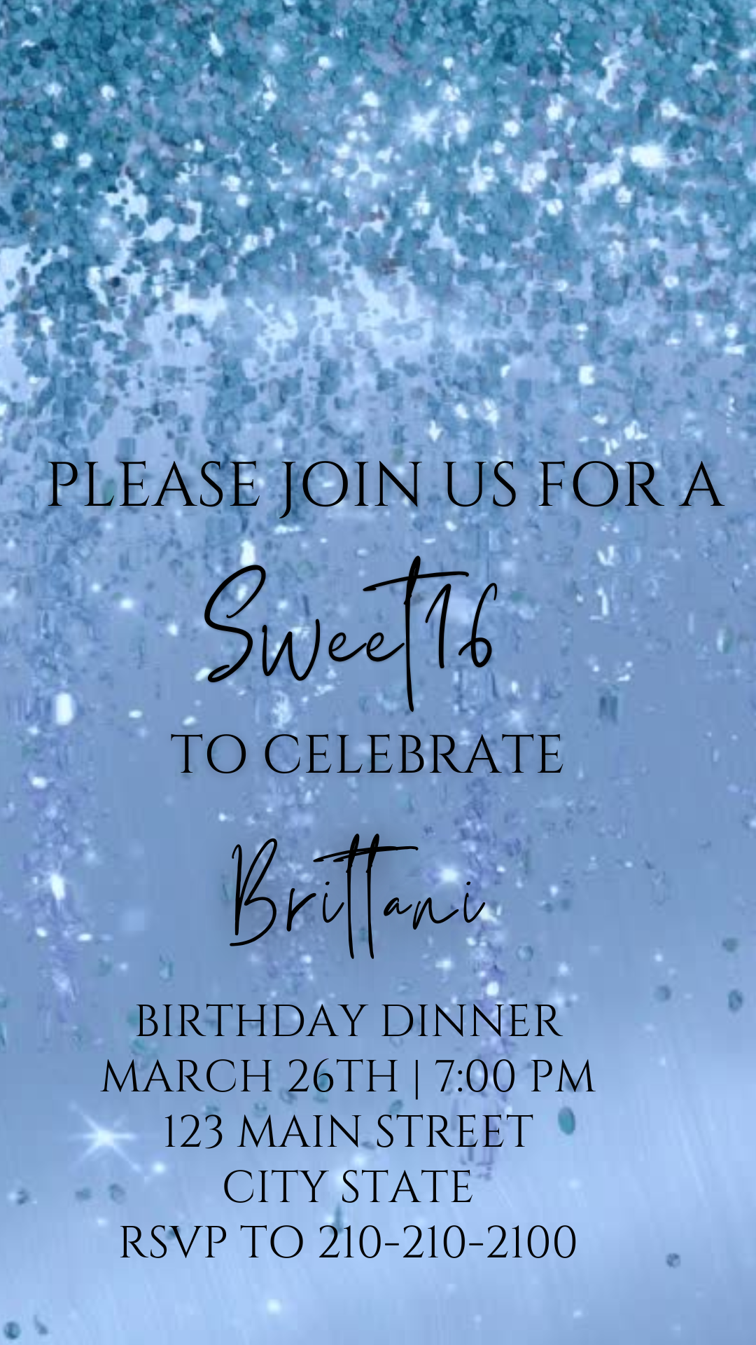 Editable aqua blue watercolor glitter sweet 16 birthday dinner video invitation displayed on a mobile phone, featuring an animated vertical digital invite with music, created in Canva. This premium video invitation template is designed for sharing by text, email, and social media and works with an interactive RSVP website for easy guest response tracking.