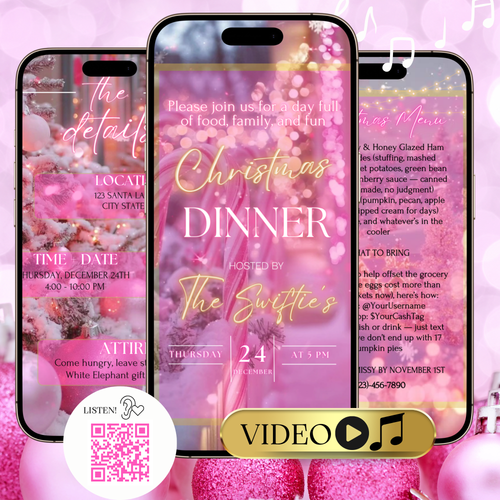 Pink Christmas Party Video Invitation – Editable Holiday Evite Template with Music