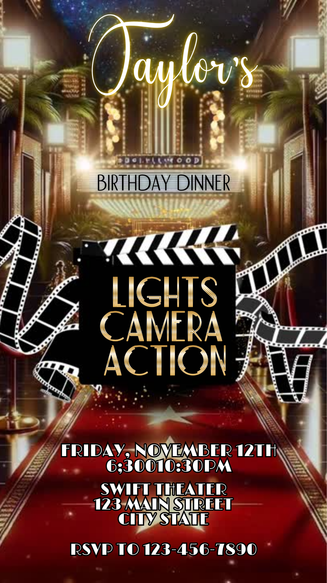 Editable Hollywood glam digital invite displayed on smartphone