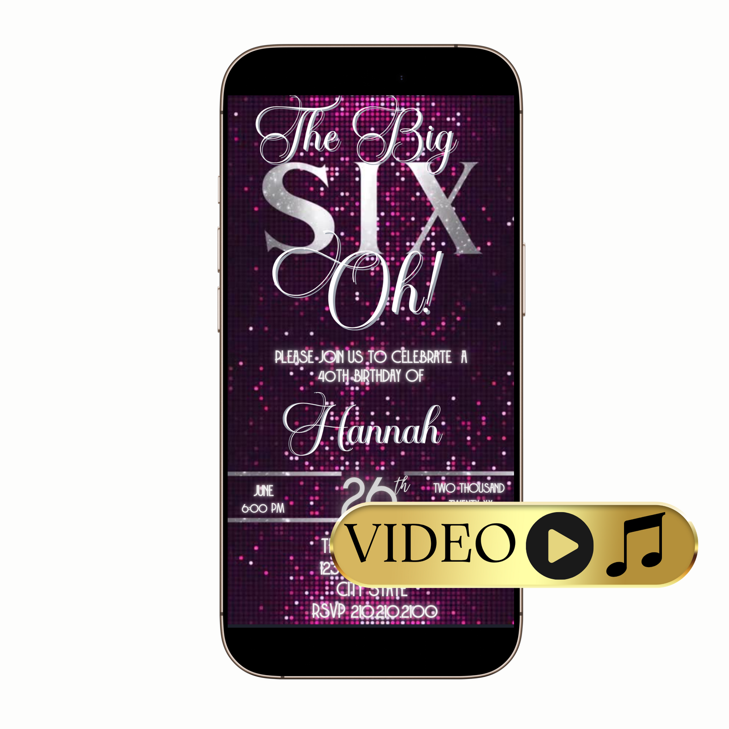 Editable Pink and silver disco Glam Digital Video Invitation Template