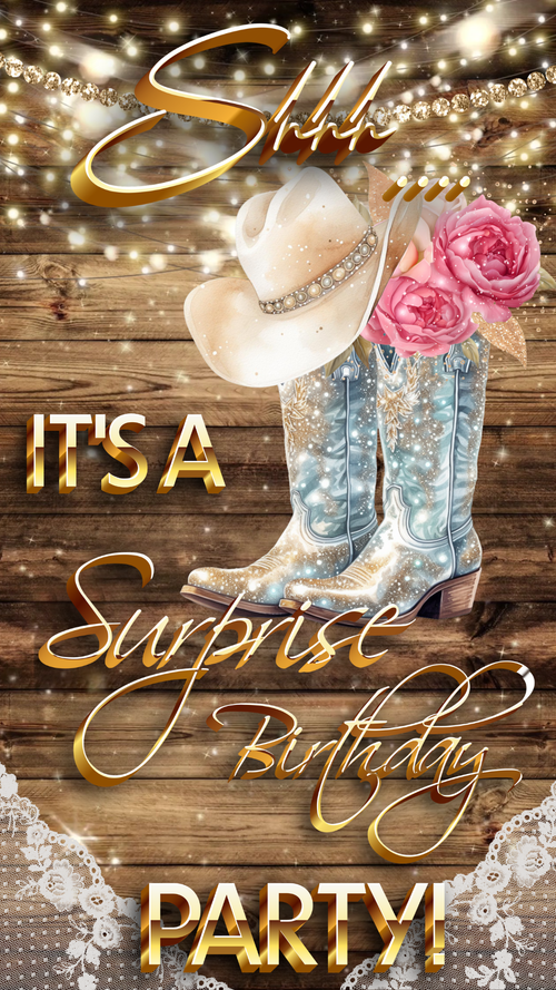 Smartphone showing cowgirl party video invitation with boots and hat graphics