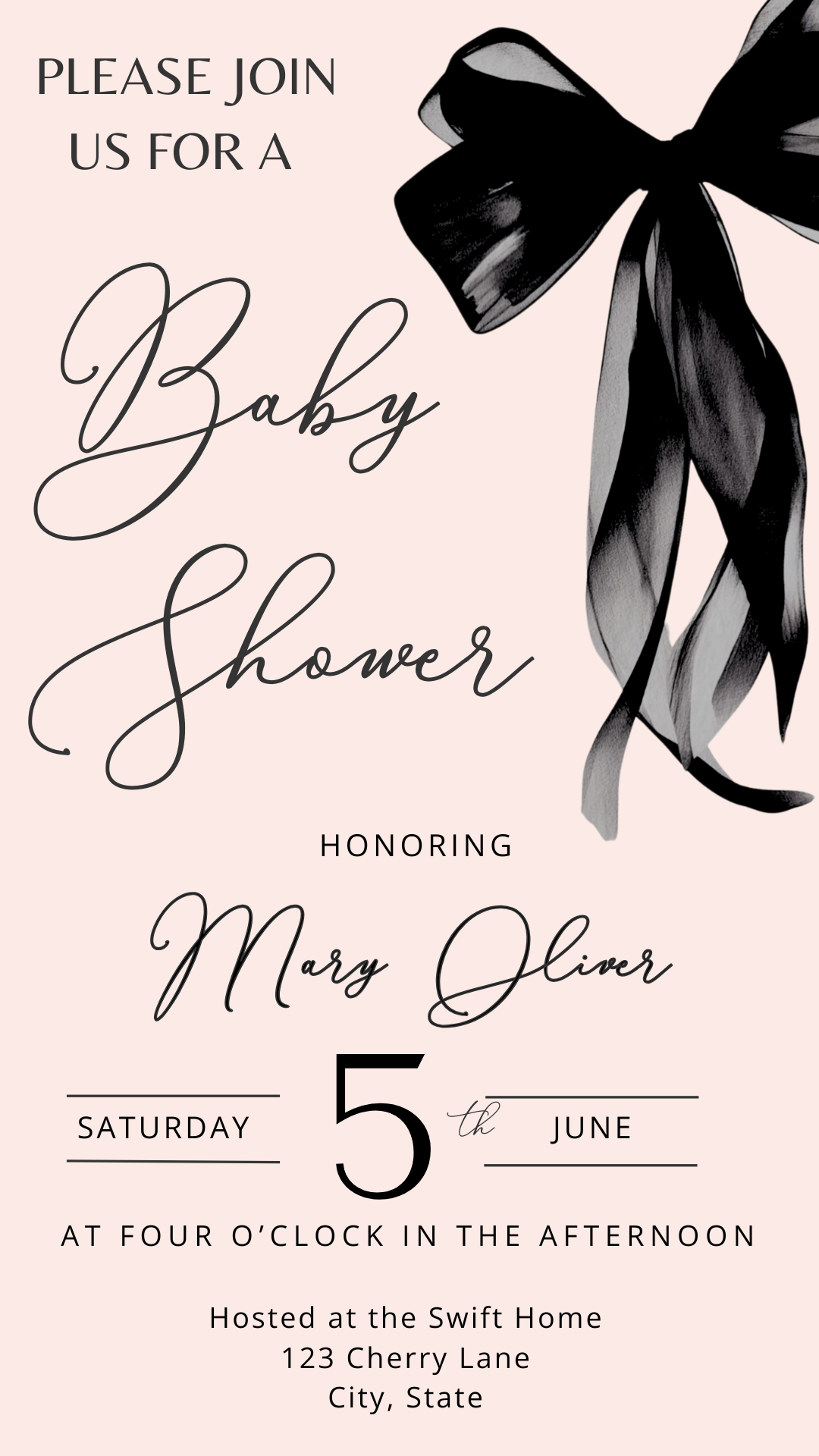 Close-up of satin bow animation over blush background with black accents