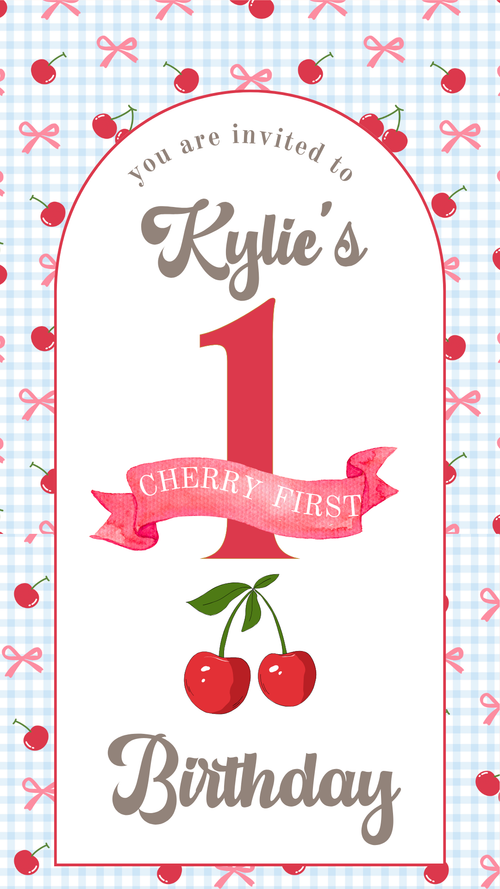Editable cherry-themed digital invite displayed on smartphone