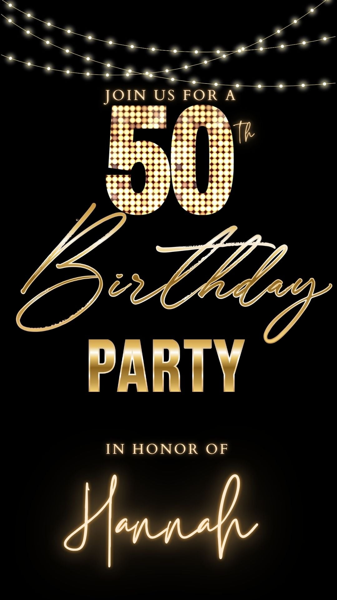 Editable black gold glam 50th birthday video invitation displayed on a mobile phone, featuring an animated vertical digital invite with music, created in Canva. This premium video invitation template is designed for sharing by text, email, and social media and works with an interactive RSVP website for easy guest response tracking.