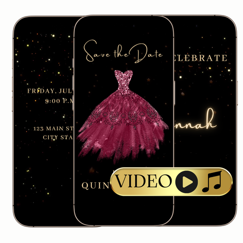 Editable Burgundy Quinceañera Save the Date Video Invitation – Elegant Ball Gown Theme Template