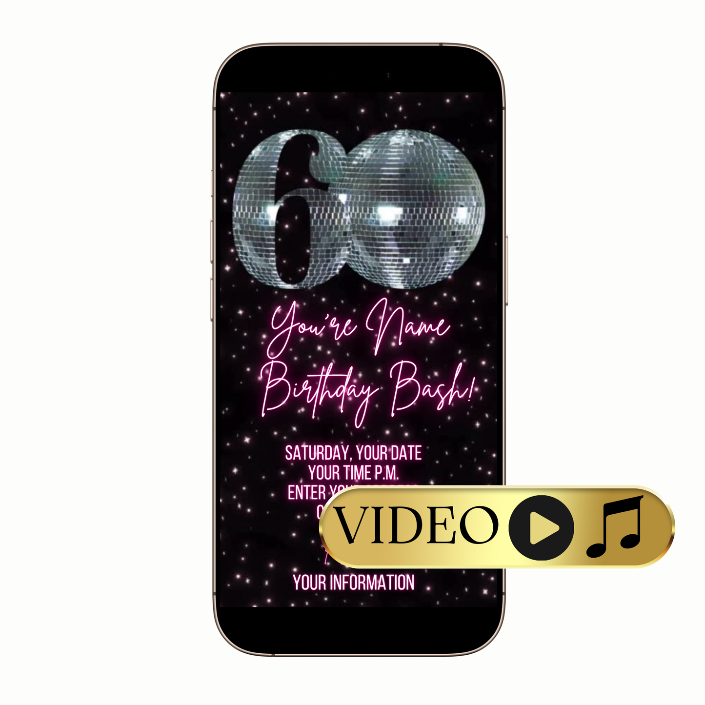 Editable Silver Disco Theme Video Invitation Template with disco, glam, glitter