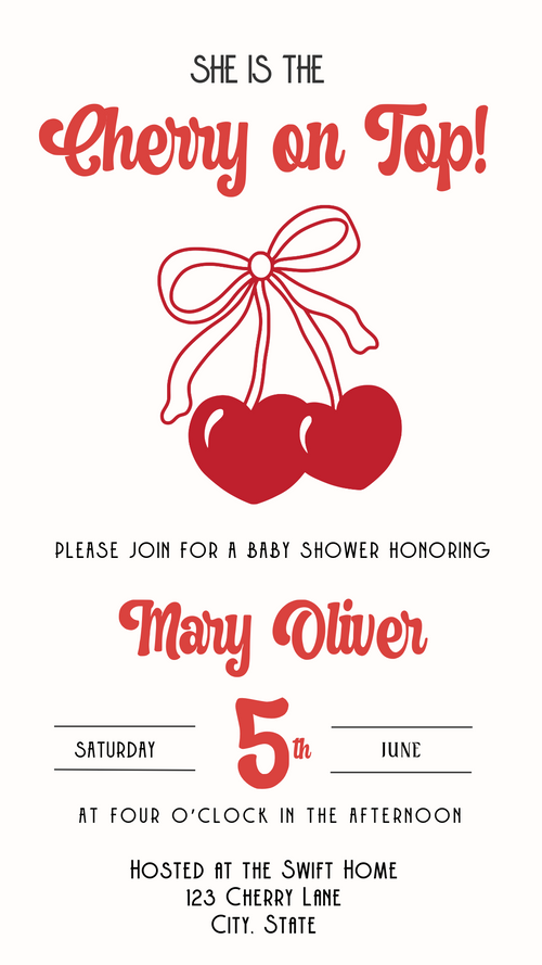 Editable text preview on cherry baby shower template