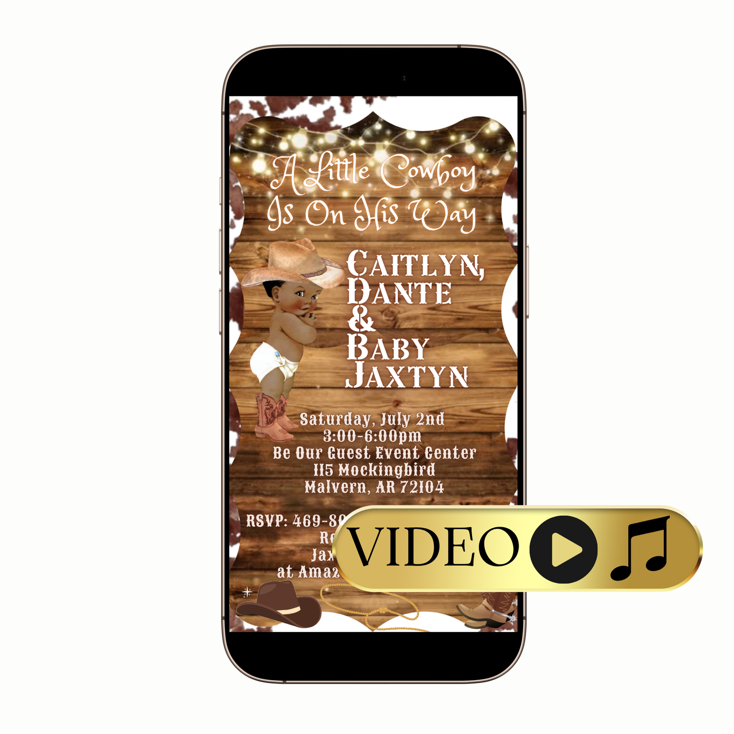 Editable Rustic western baby shower Digital Video Invitation Template