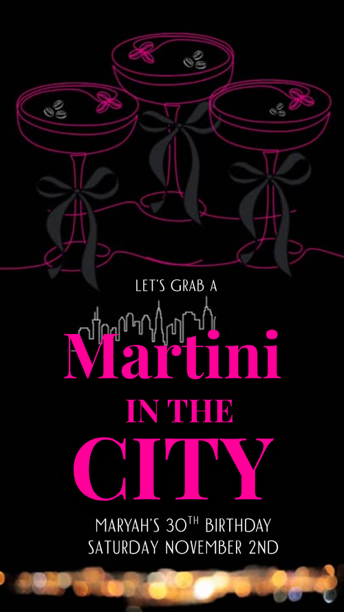 Editable Martini in the City invite displayed on smartphone