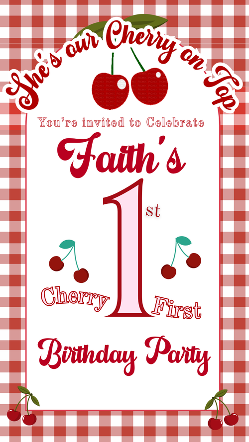 Editable cherry-themed digital invite displayed on smartphone