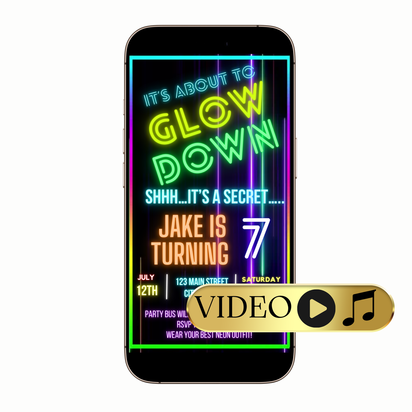 Neon glow theme video invitation with bright glowing accents