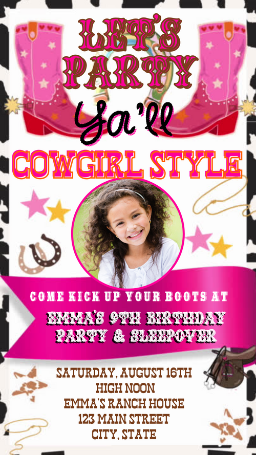 Phone mockup showing Cowgirl Style animated video invite