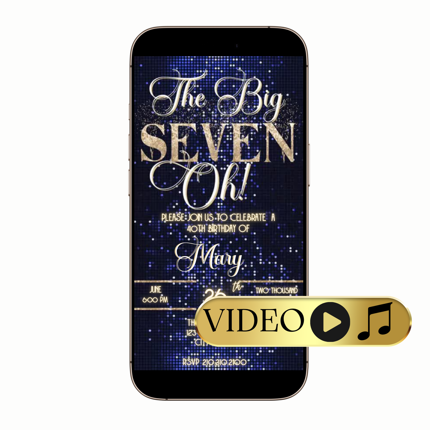 Editable Luxe The Big Seven-Oh 70th Birthday Video Invitation — Navy & Gold Sparkle Template