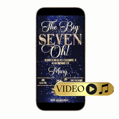Editable Luxe The Big Seven-Oh 70th Birthday Video Invitation — Navy & Gold Sparkle Template