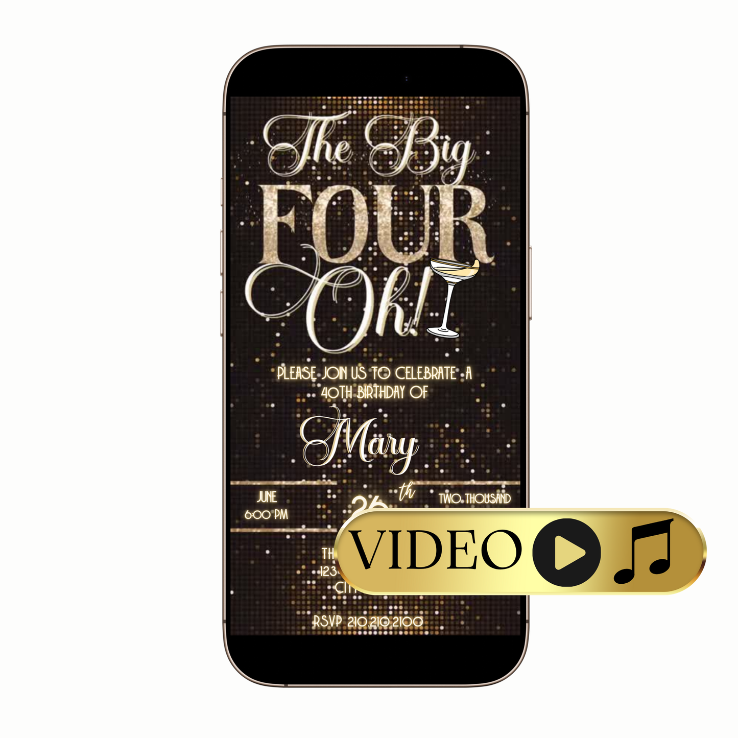 Editable The Big Four-Oh 40th Birthday Digital Invitation — Gold Sparkle Party Evite Template