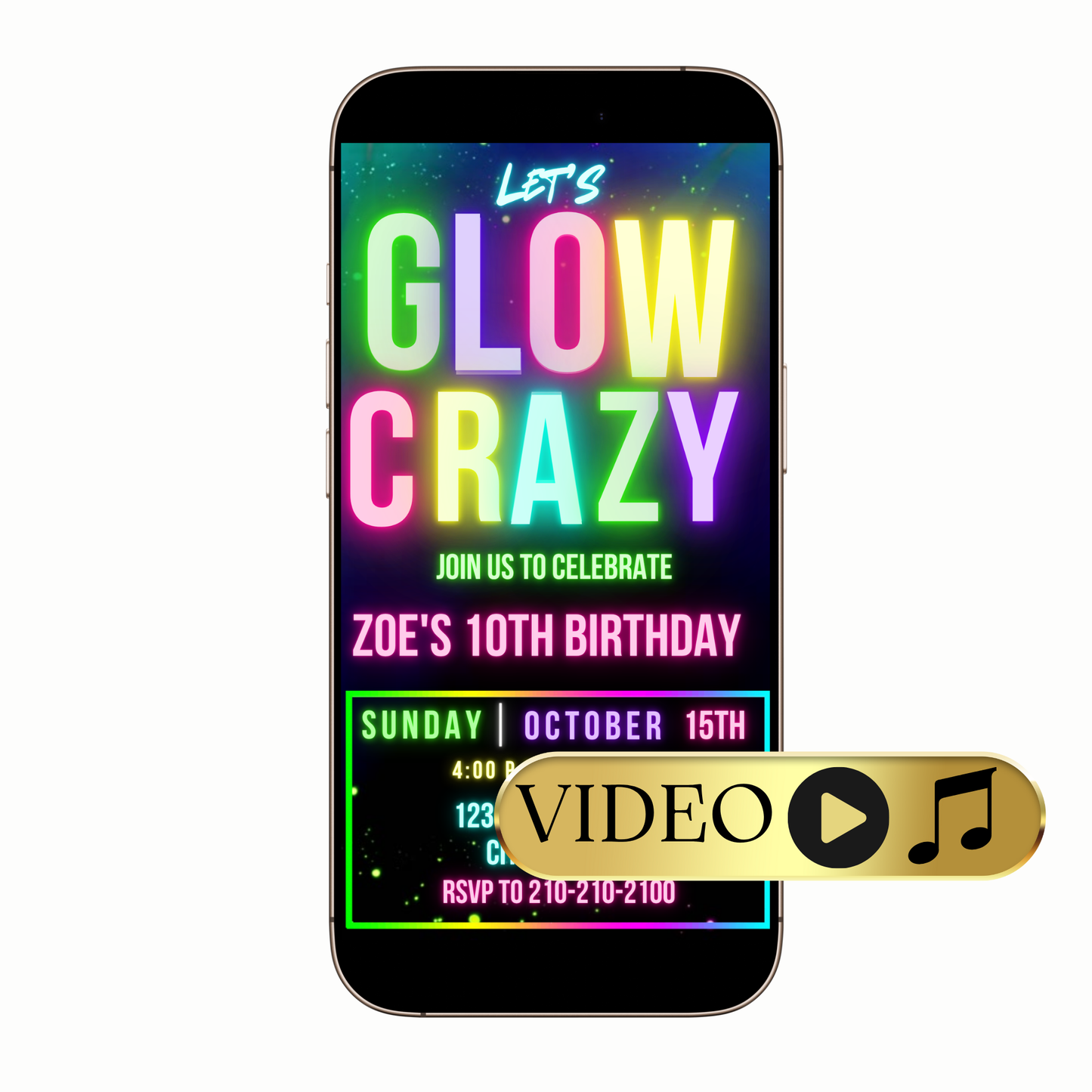 Hand holding phone with glowing party invite playing