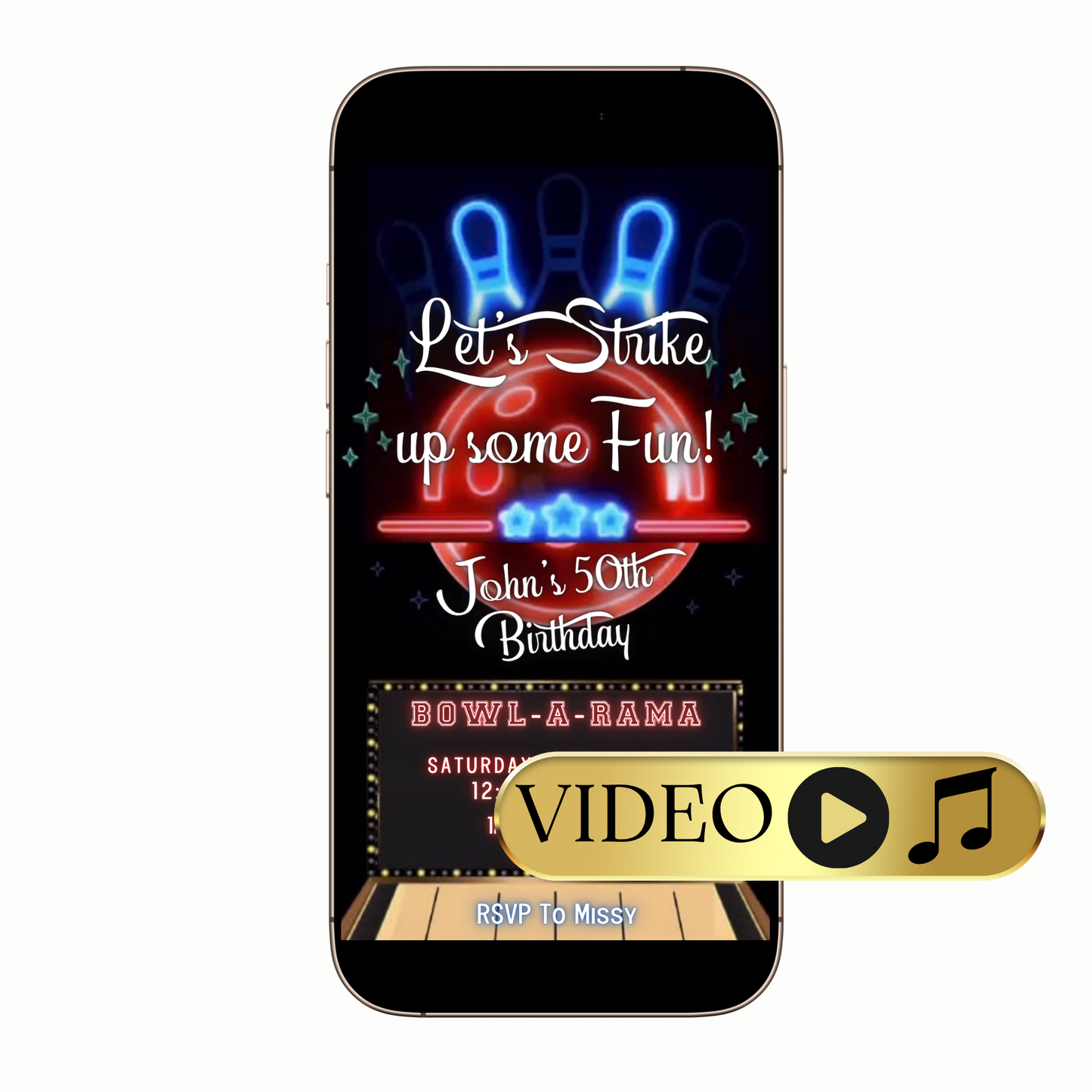 Editable Retro Neon Bowling Video Invitation Template
