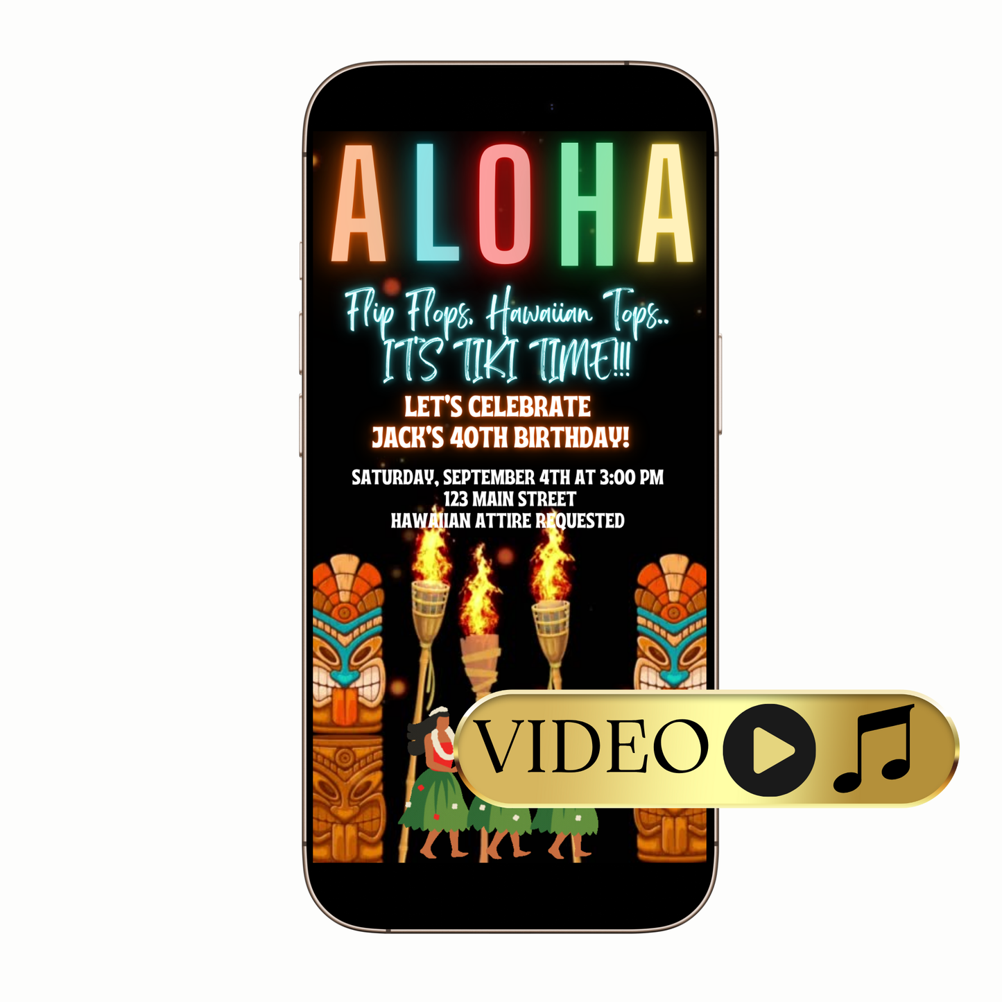 Editable Tropical Aloha Party Video Invitation Template with beach, luau, ocean