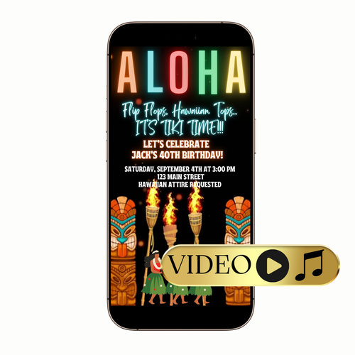 Editable Tropical Aloha Party Video Invitation Template with beach, luau, ocean