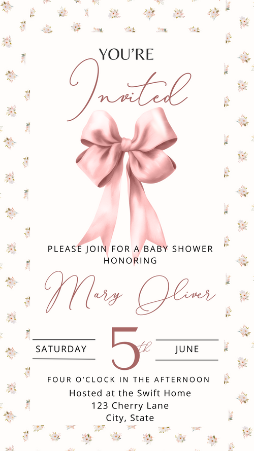 Vertical phone mockup showing pink bow baby girl video invitation