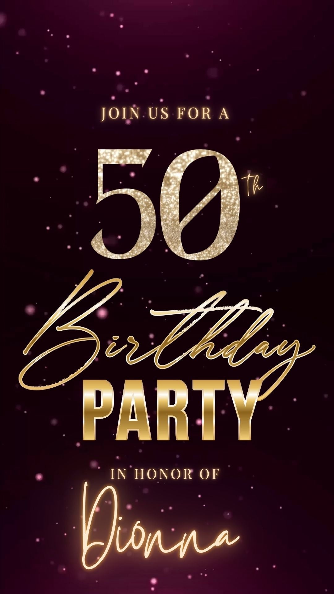 Editable burgundy shimmer 50th birthday video invitation displayed on a mobile phone, featuring an animated vertical digital invite with music, created in Canva. This premium video invitation template is designed for sharing by text, email, and social media and works with an interactive RSVP website for easy guest response tracking.
