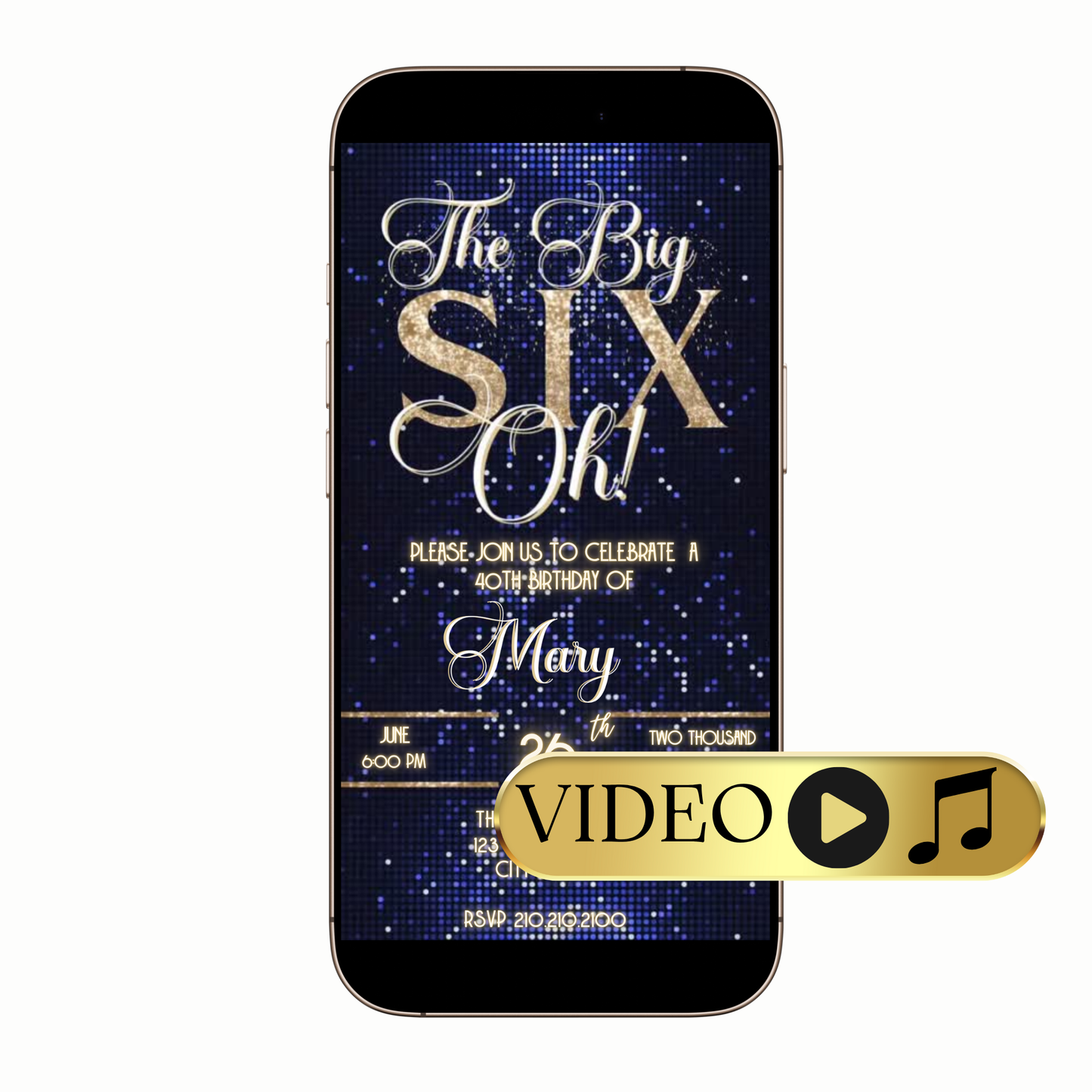 Editable The Big Six-Oh Birthday Video Invitation – Blue and Gold Sequin Theme Template